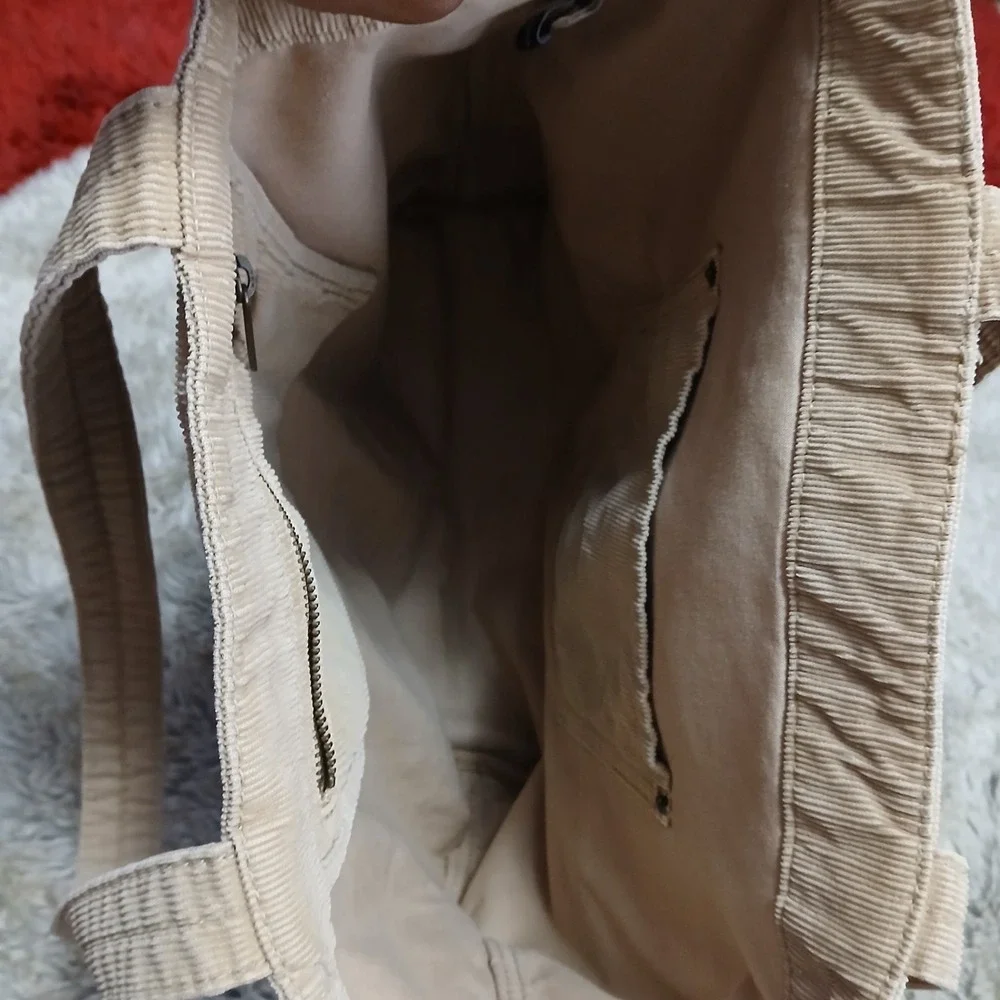 GAP Beige Corduroy Tote Bag Logo Print San Francisco 1969 Pocket Y2K Casual